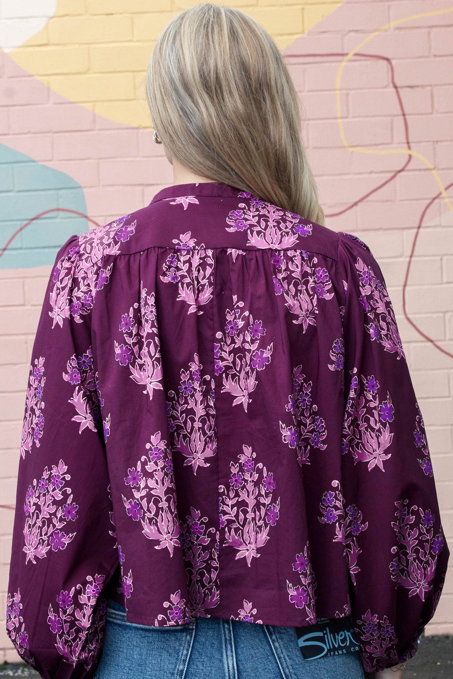 Floral Print Button Front Long Puff Sleeve Shirt – Purple