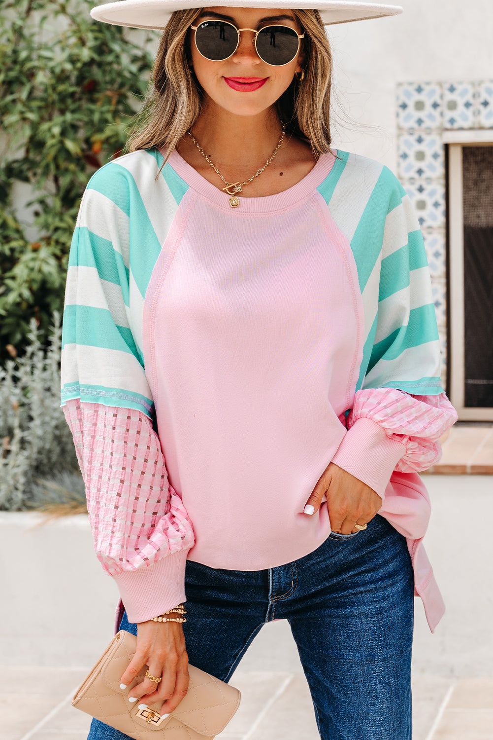 Striped Patchwork Raglan Pullover Top with Slits - eAura
