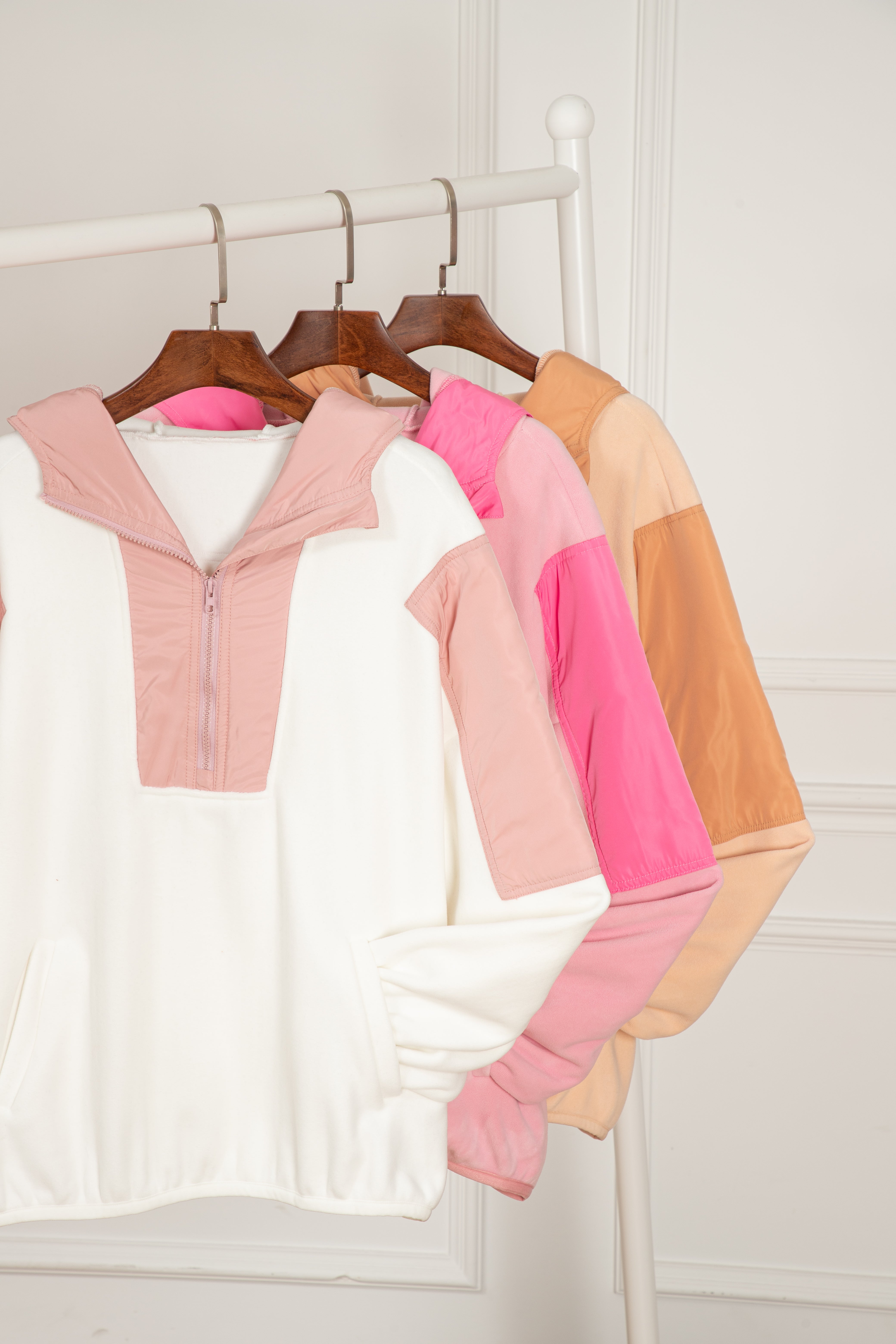 Light French Beige Colourblock Patchwork Half Zip Oversized Sherpa Hoodie eAura