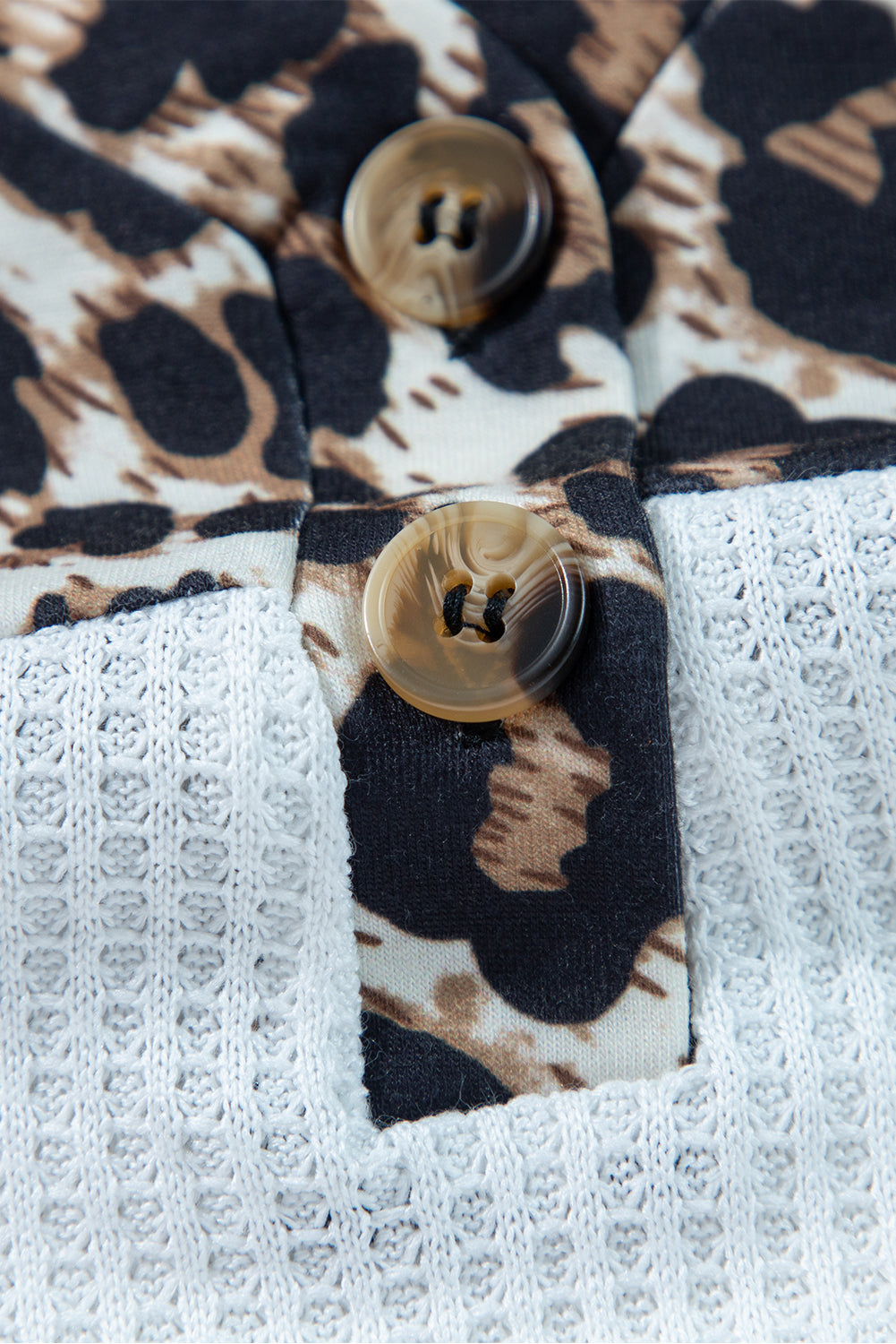 White Leopard Waffle Knit Patchwork Button V Neck Top - eAura