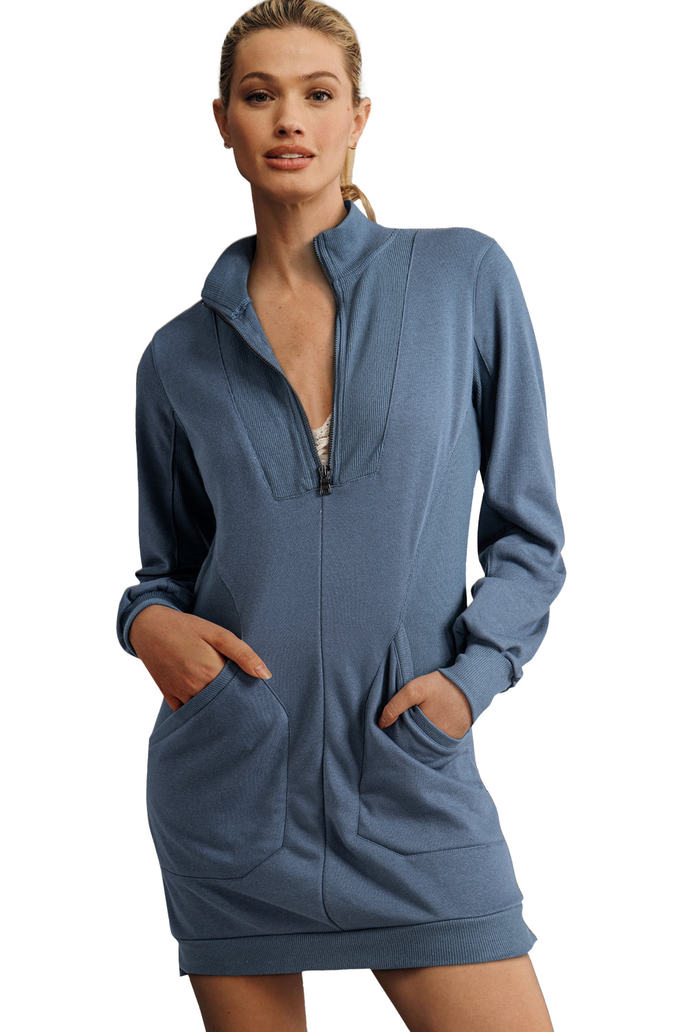 Zip-up Collared Ribbed Sweatshirt Dress with Pockets