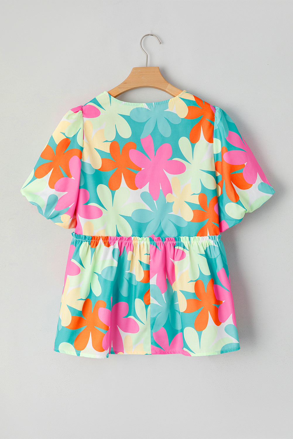 Pink Floral Print Bubble Sleeve V Neck Peplum Blouse eAura