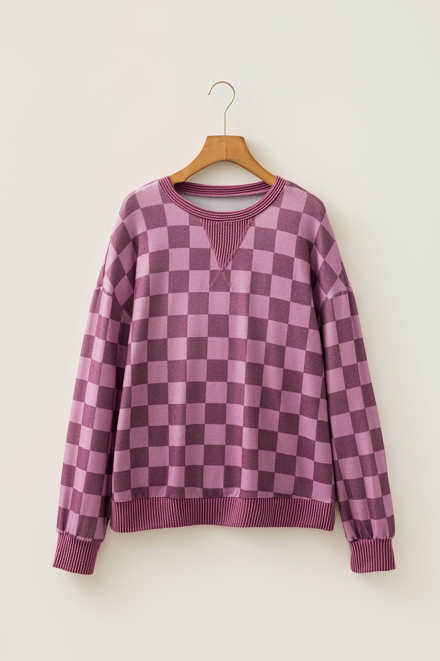 Ribbed Trim Checkered Print Long Sleeve Pullover Top – Red