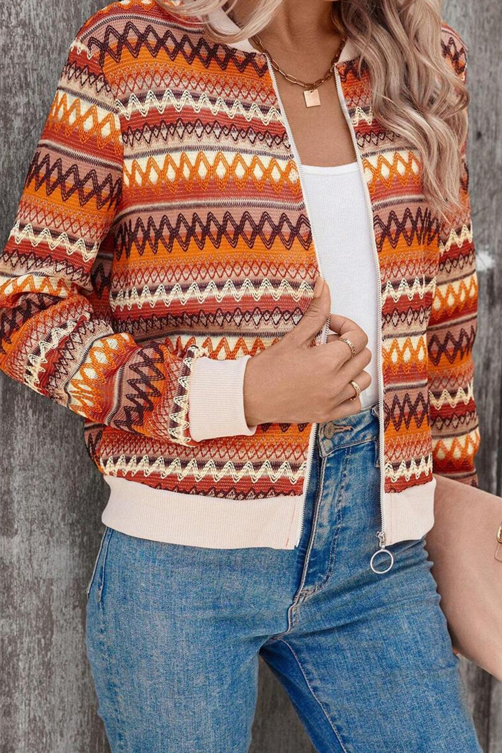 Orange Boho Striped Zip Up Long Sleeve Jacket eAura