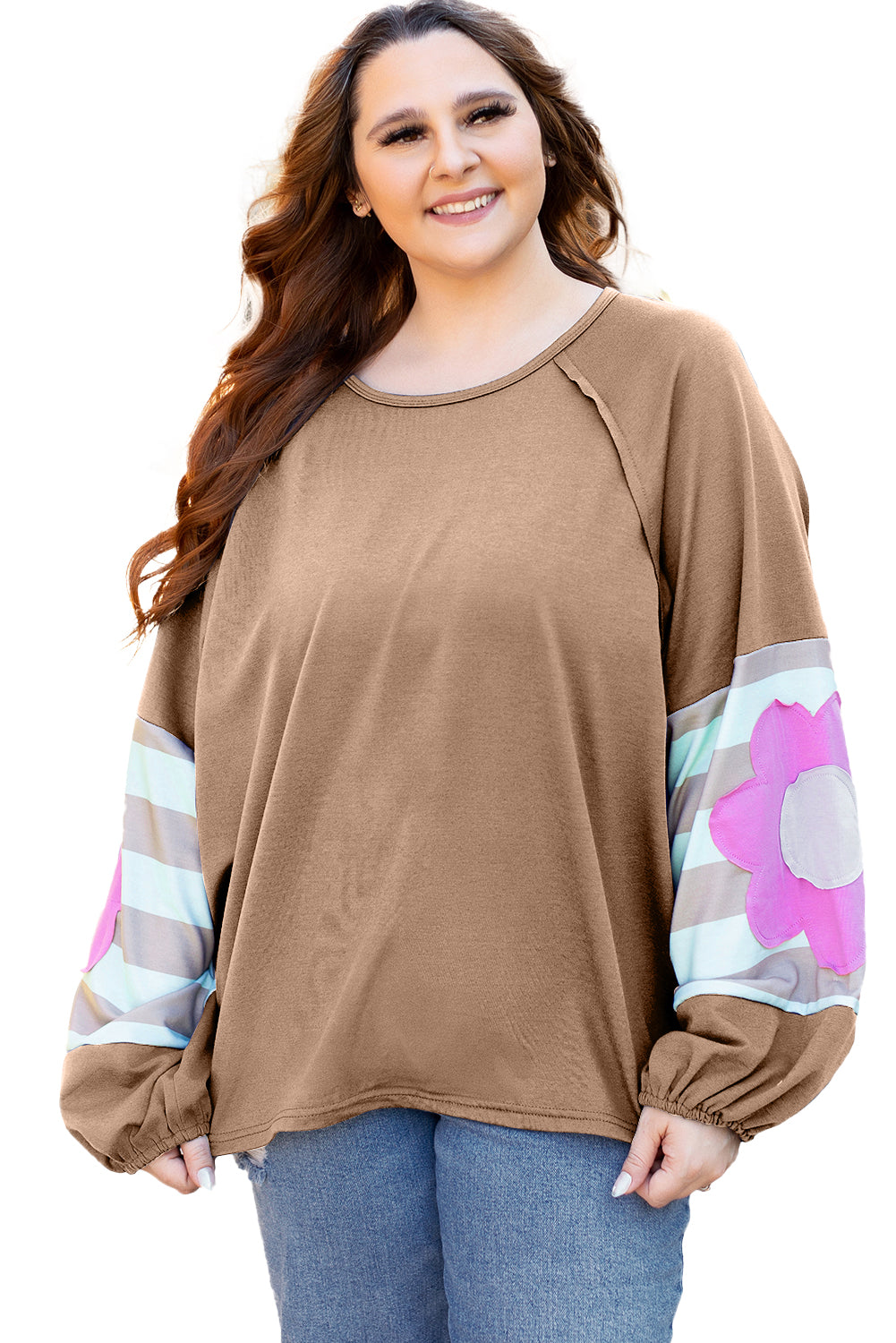 Flower Patchwork Raglan Sleeve Exposed Seam Oversized Top eAura