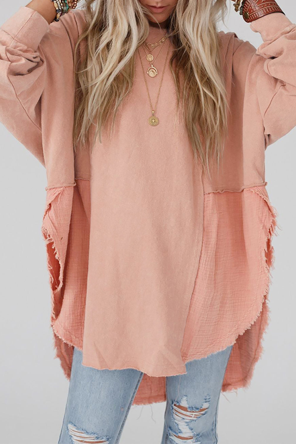 Camel Crinkle Splicing Raw Hem High Low Oversized Blouse eAura
