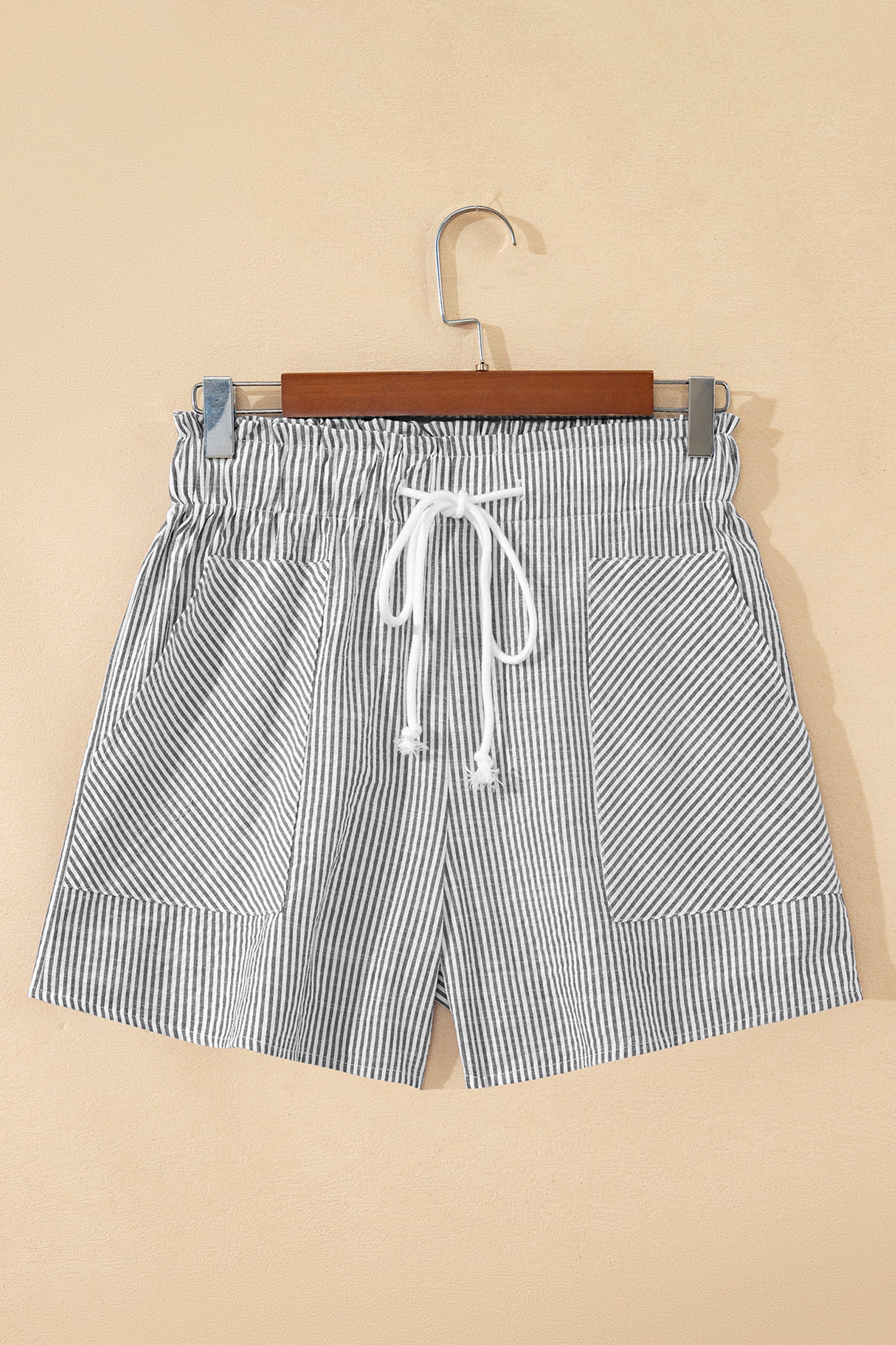 Grey Stripe Lace-Up Shorts with Pockets