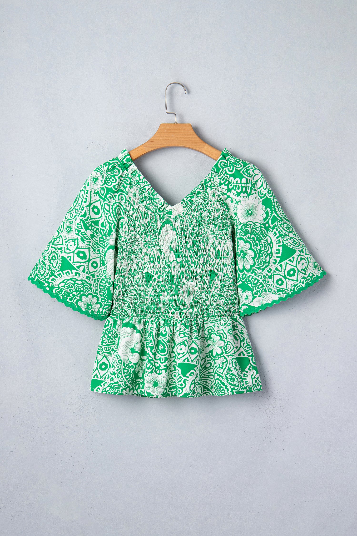 Floral Smocked Ruffle V-Neck Blouse – Green