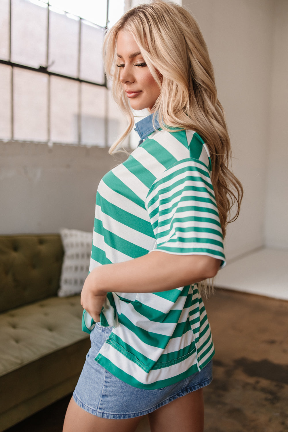 Green Stripe Colourblock Collar Half Buttons T Shirt eAura