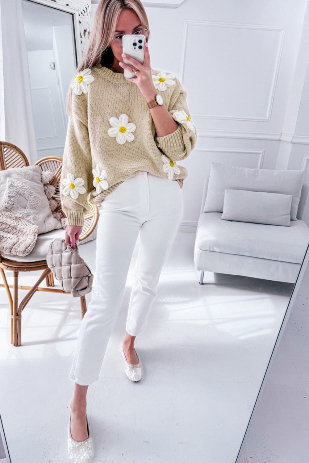 White Floral Crochet Chunky Knit Sweater eAura