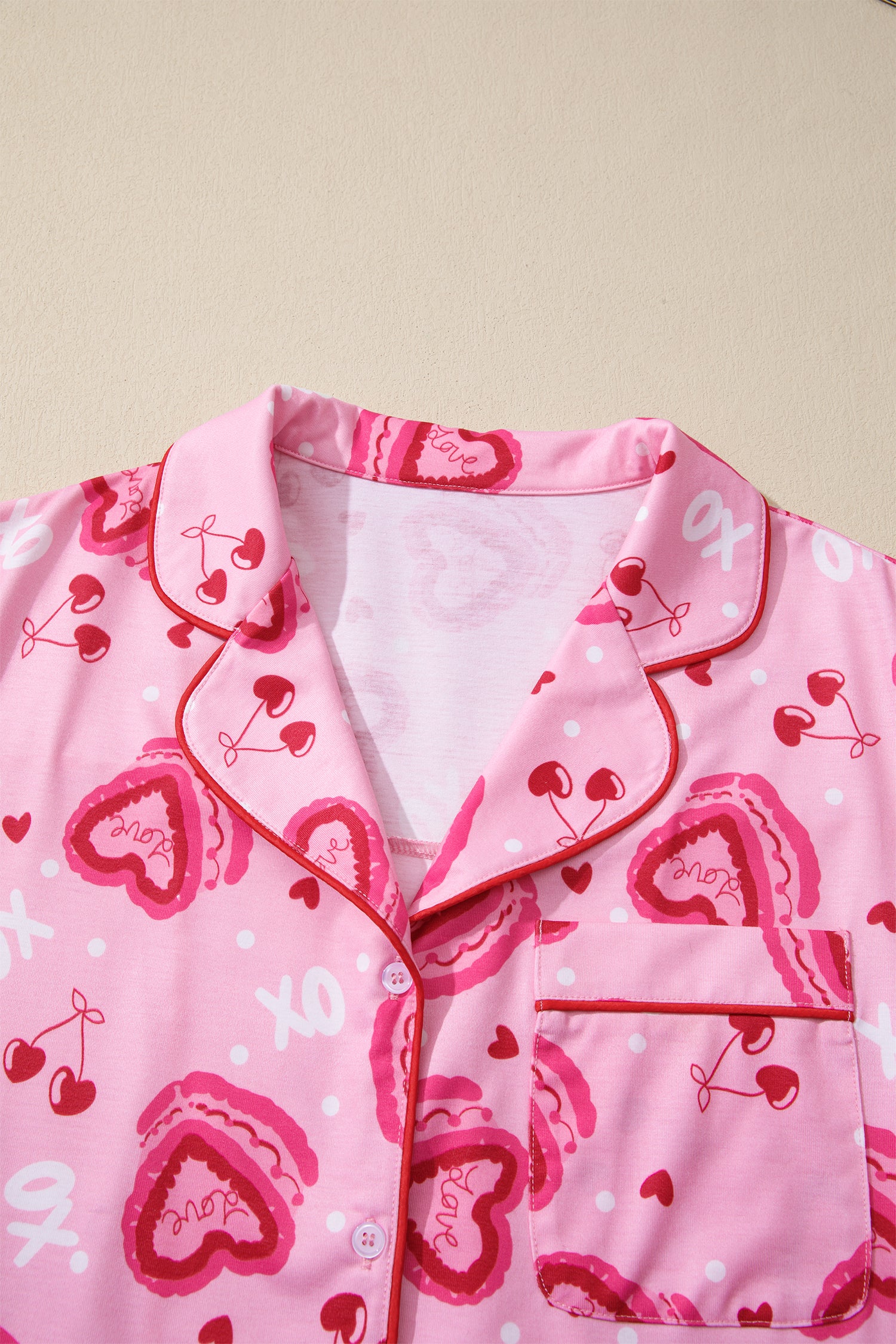 Sweet Heart Cake Print Contrast Ruffle Trim Valentines 2pcs Pajama Set – Pink