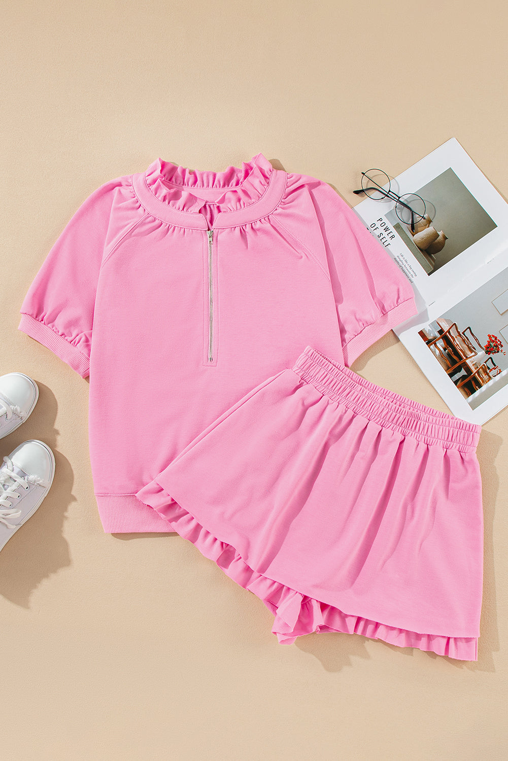 Pink Half Zip Puff Sleeve Top and Ruffled Shorts Set eAura