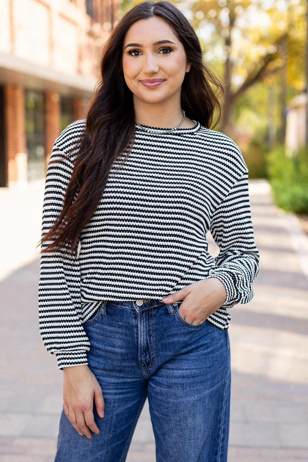 Rose Stripe Round Neck Drop Shoulder Long Sleeve Top Beagle Boutique Fashion Outlet