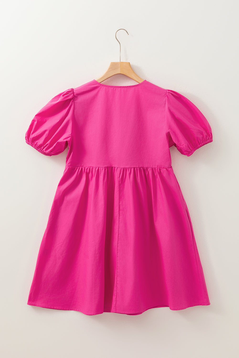 Bright Pink Solid Colour Puff Sleeve Tie Front High Waist Mini Dress eAura