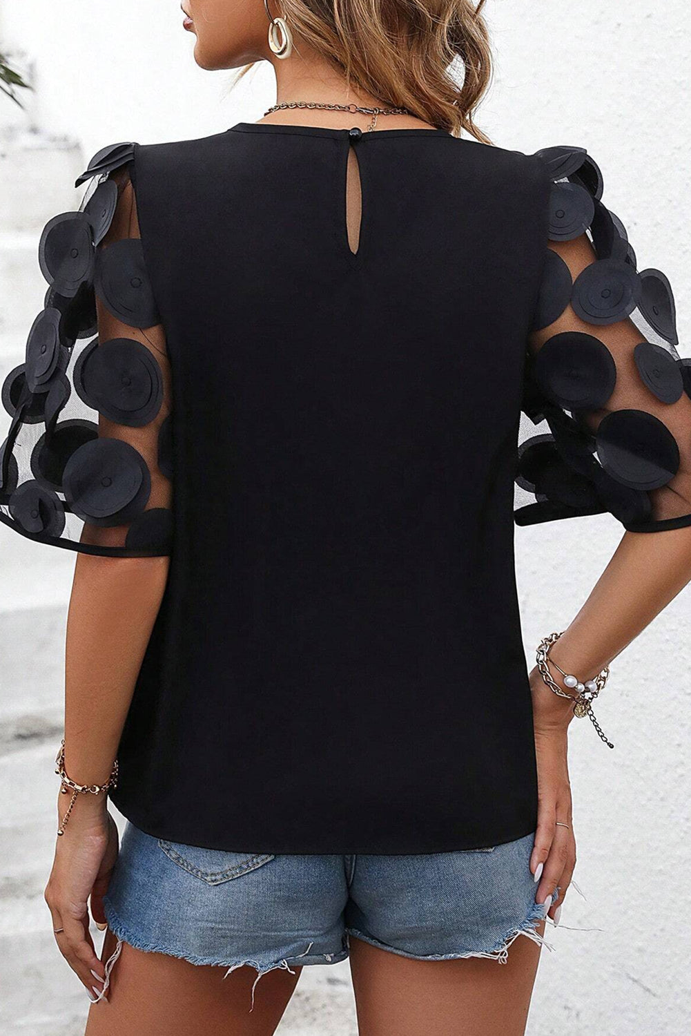 Black Contrast Applique Mesh Half Sleeve Blouse eAura