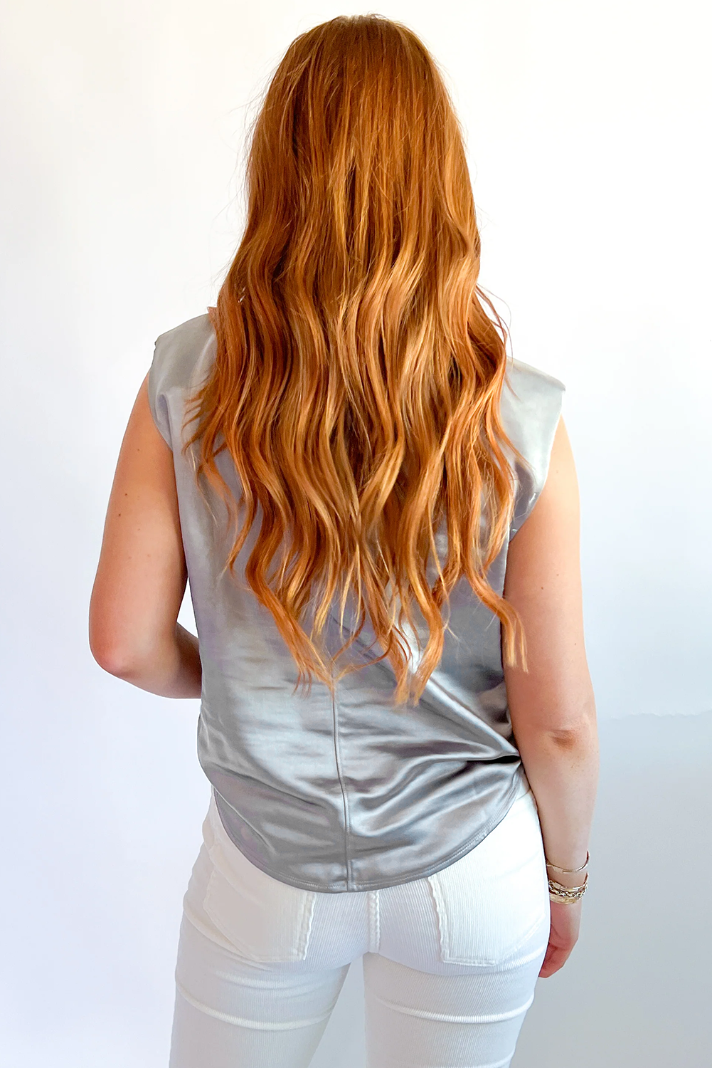 Silver Metallic Crew Neck Sleeveless Top BB Fashion Outlet
