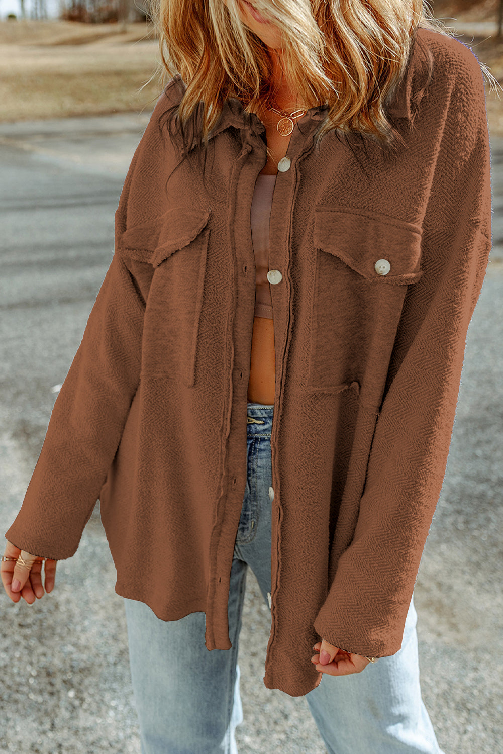 Grey Contrast Flap Pockets Relaxed Shacket Beagle Boutique Fashion Outlet