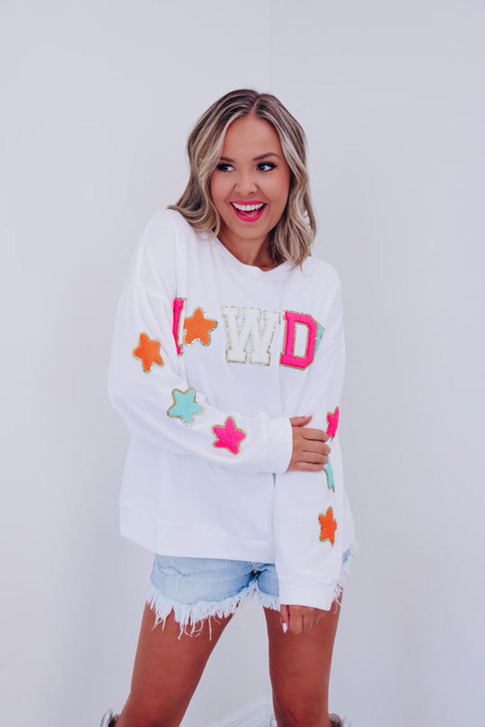 White Howdy Glitter Chenille Patch Graphic Casual Sweatshirt eAura