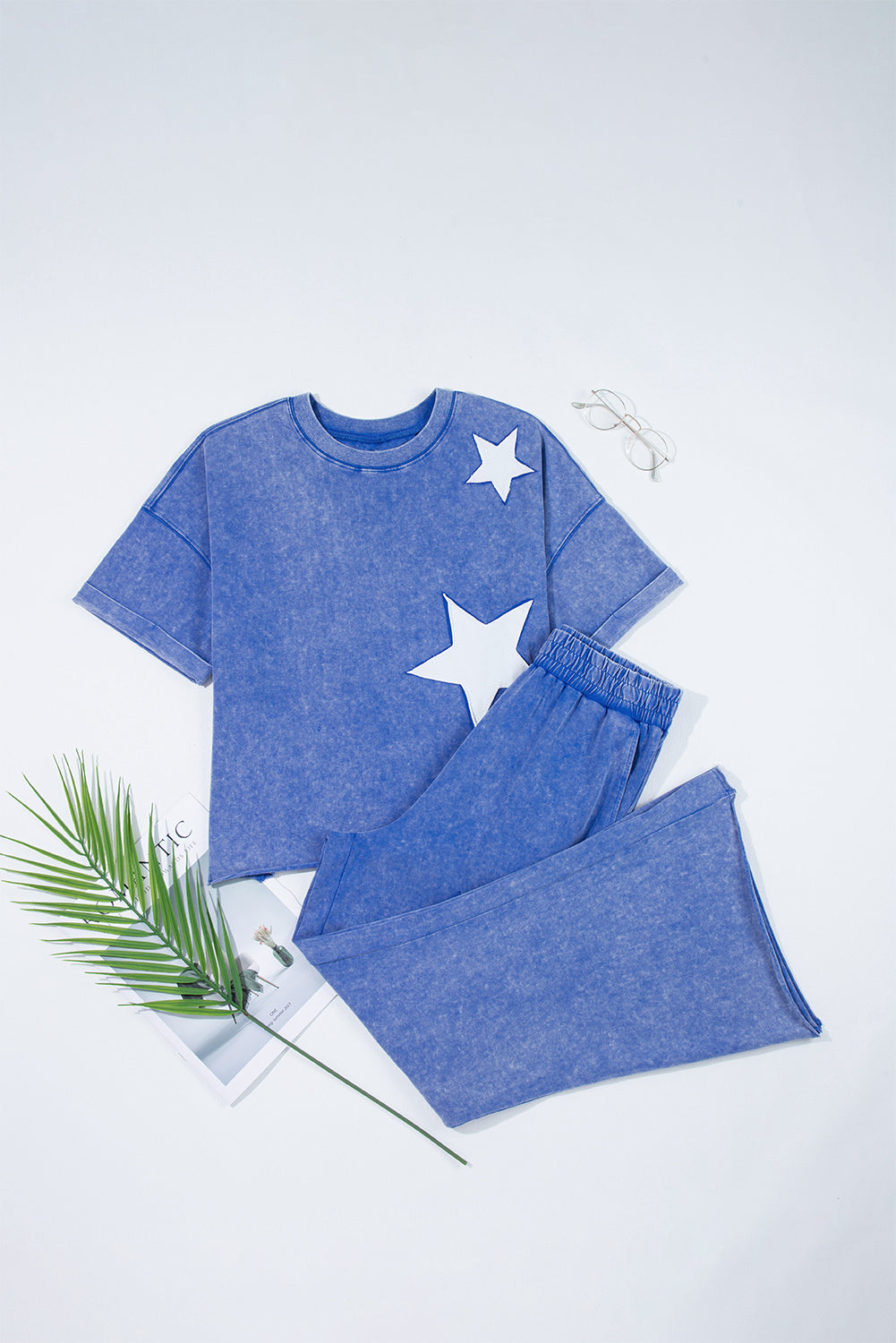 Ashleigh Blue Acid Wash Star Patched Rolled Trim Trousers Co-ord eAura