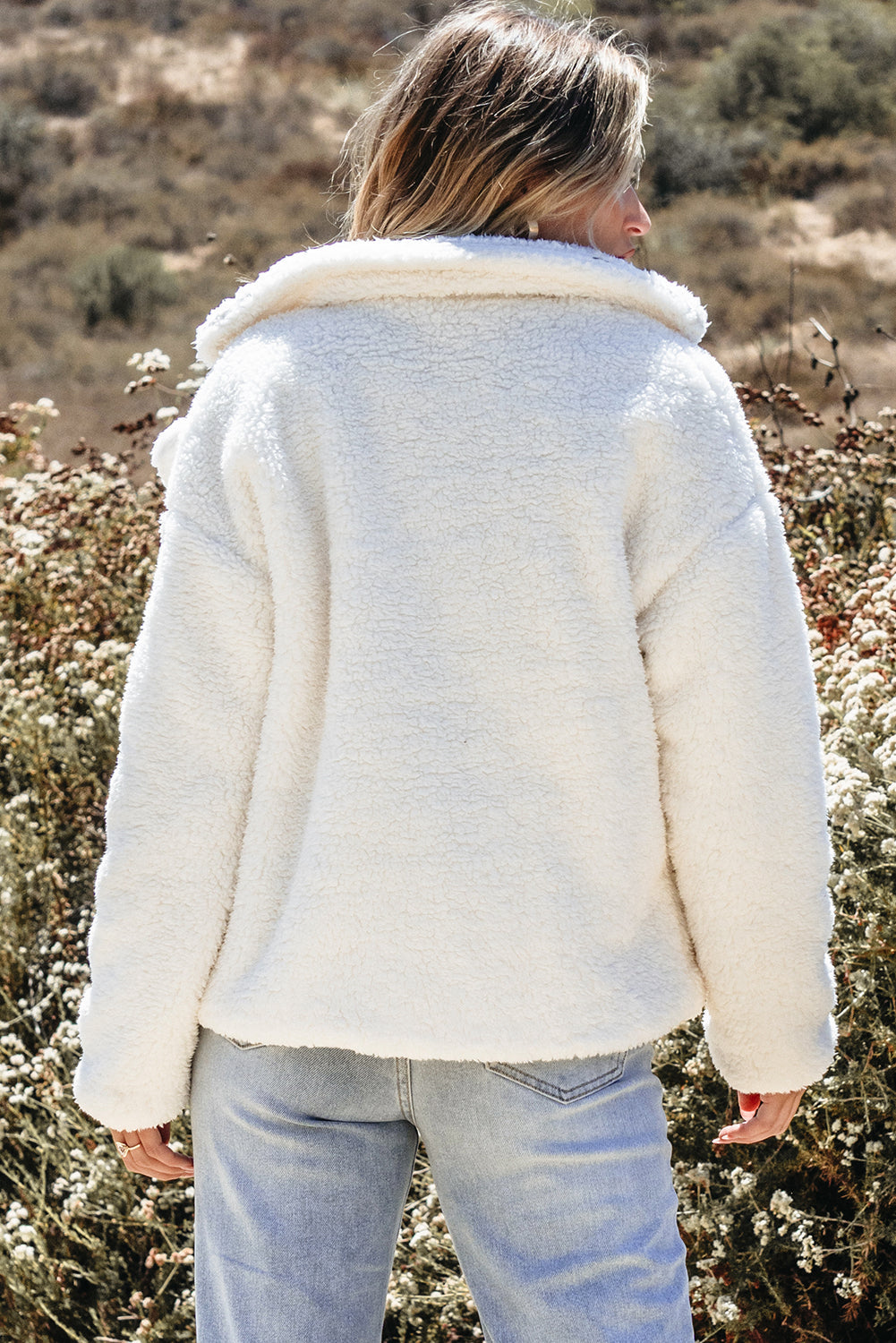 Beige Faux Fur Button Pocketed Lapel Collar Jacket Beagle Boutique Fashion Outlet