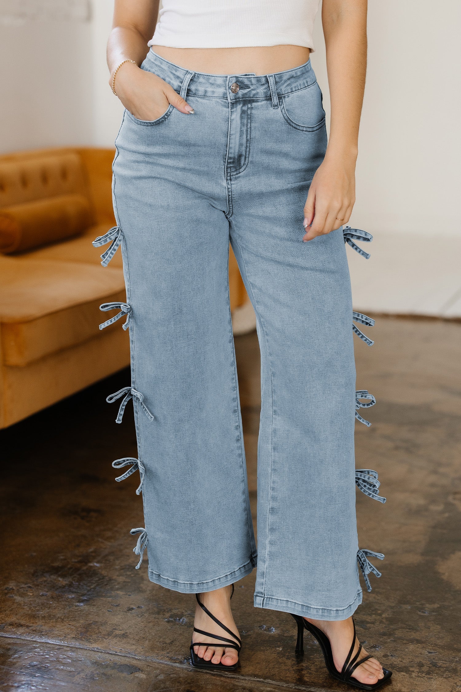 Bow Knot Side Detail Straight Leg Loose Jeans - Bottoms/Jeans