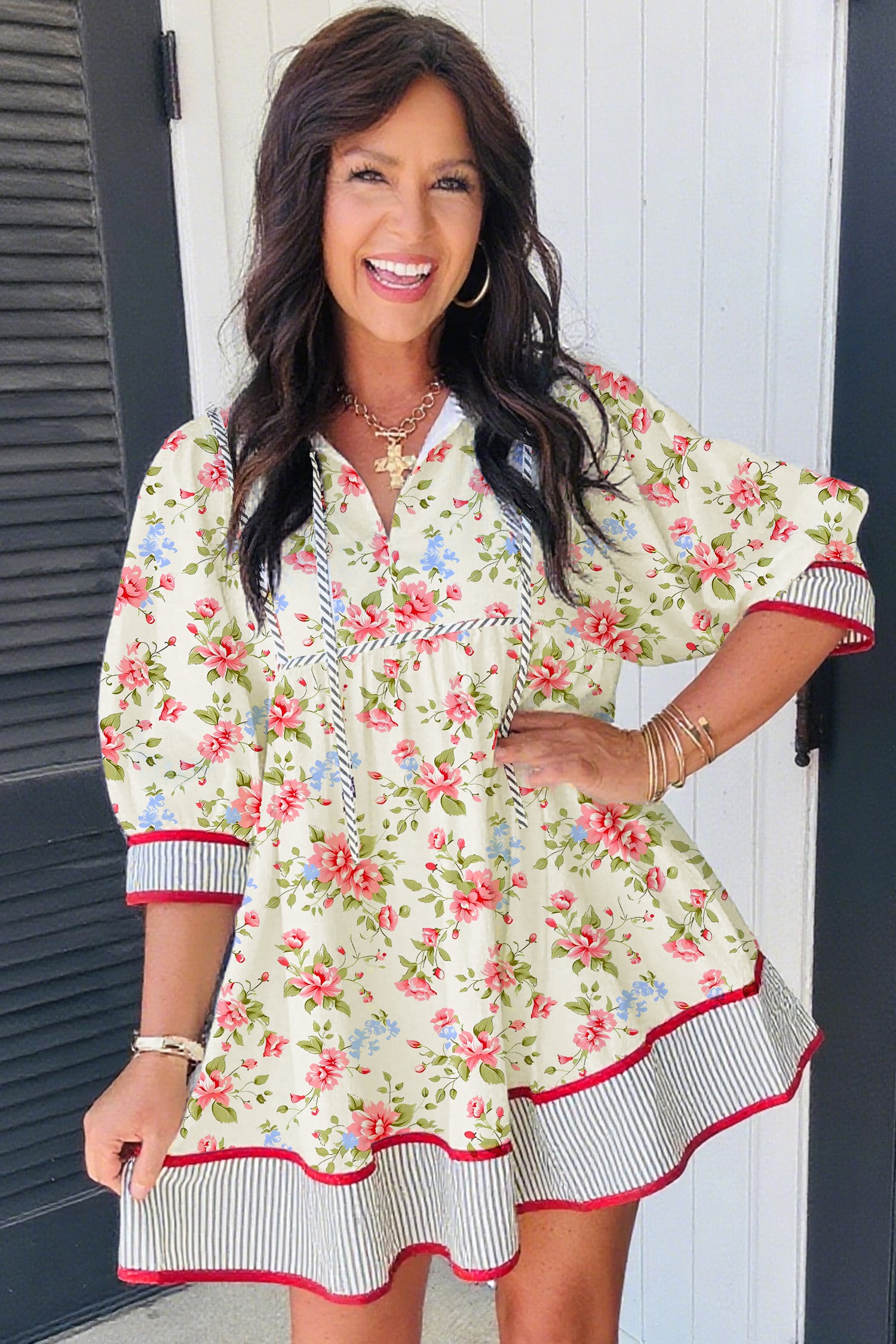 Striped Edge 3/4 Puff Sleeve Floral Dress