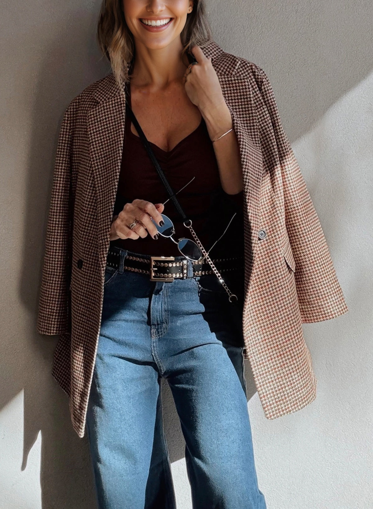 Brown Houndstooth Lapel Collar Blazer eAura
