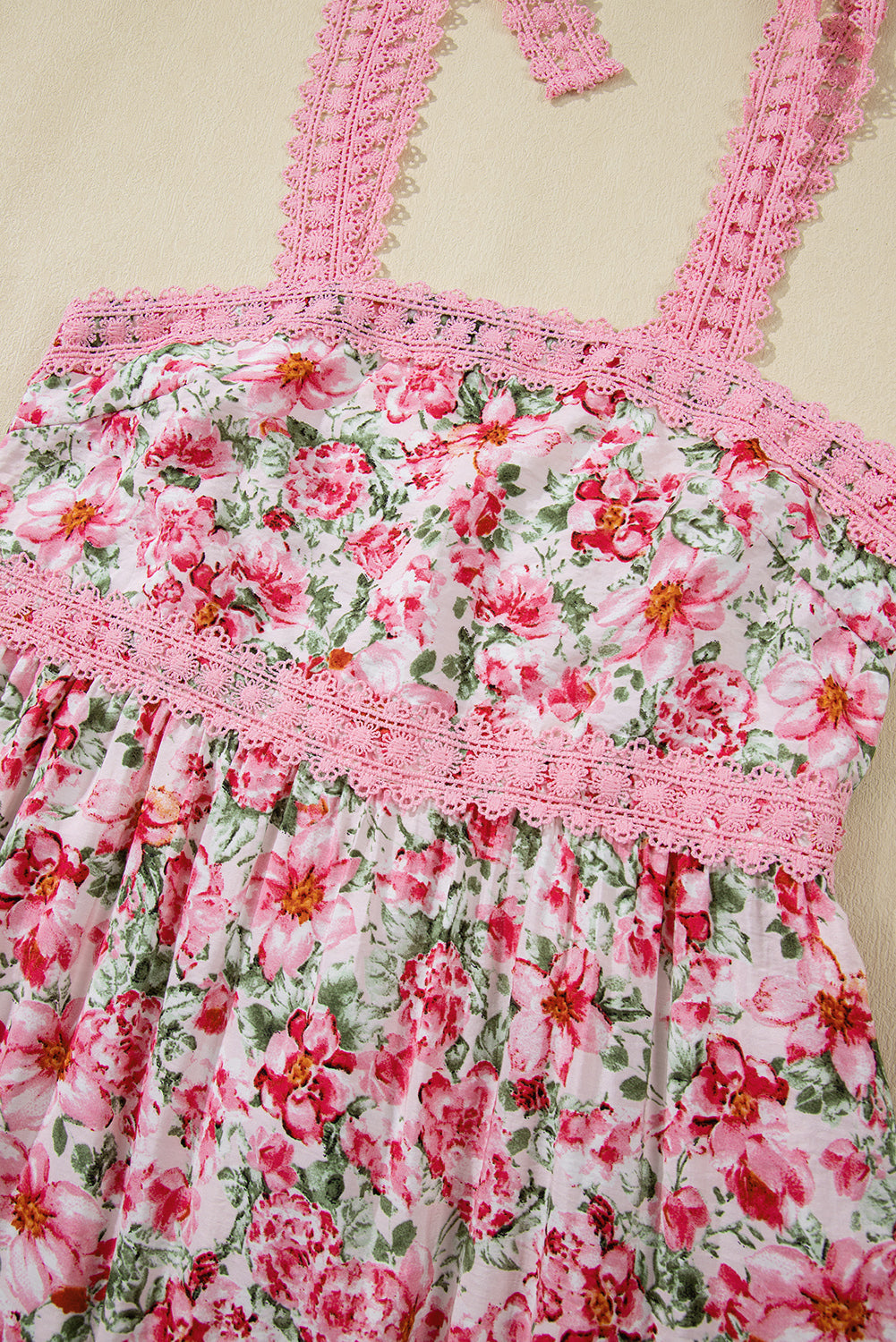Pink Floral Lace Tied Strap Empire Waist Maxi Dress eAura