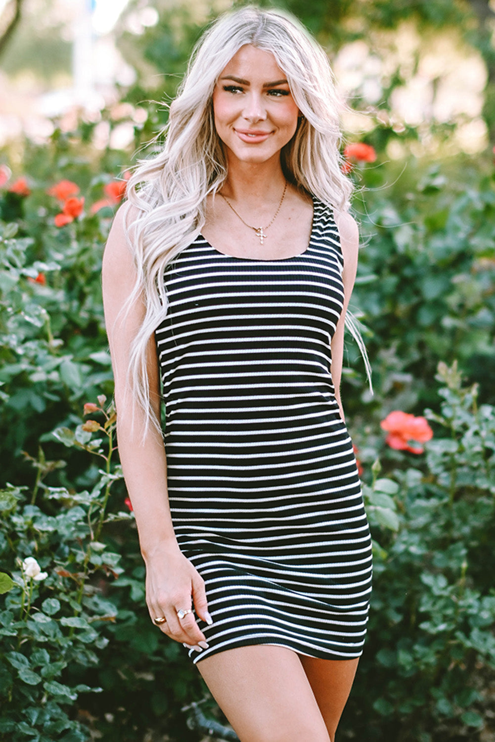 Black Stripe Ribbed Knit Sleeveless Mini Dress BB Fashion Outlet