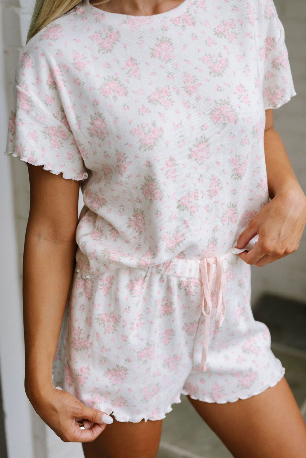 Pink Floral Lettuce Trim Tee and Shorts Ribbed Lounge Set eAura