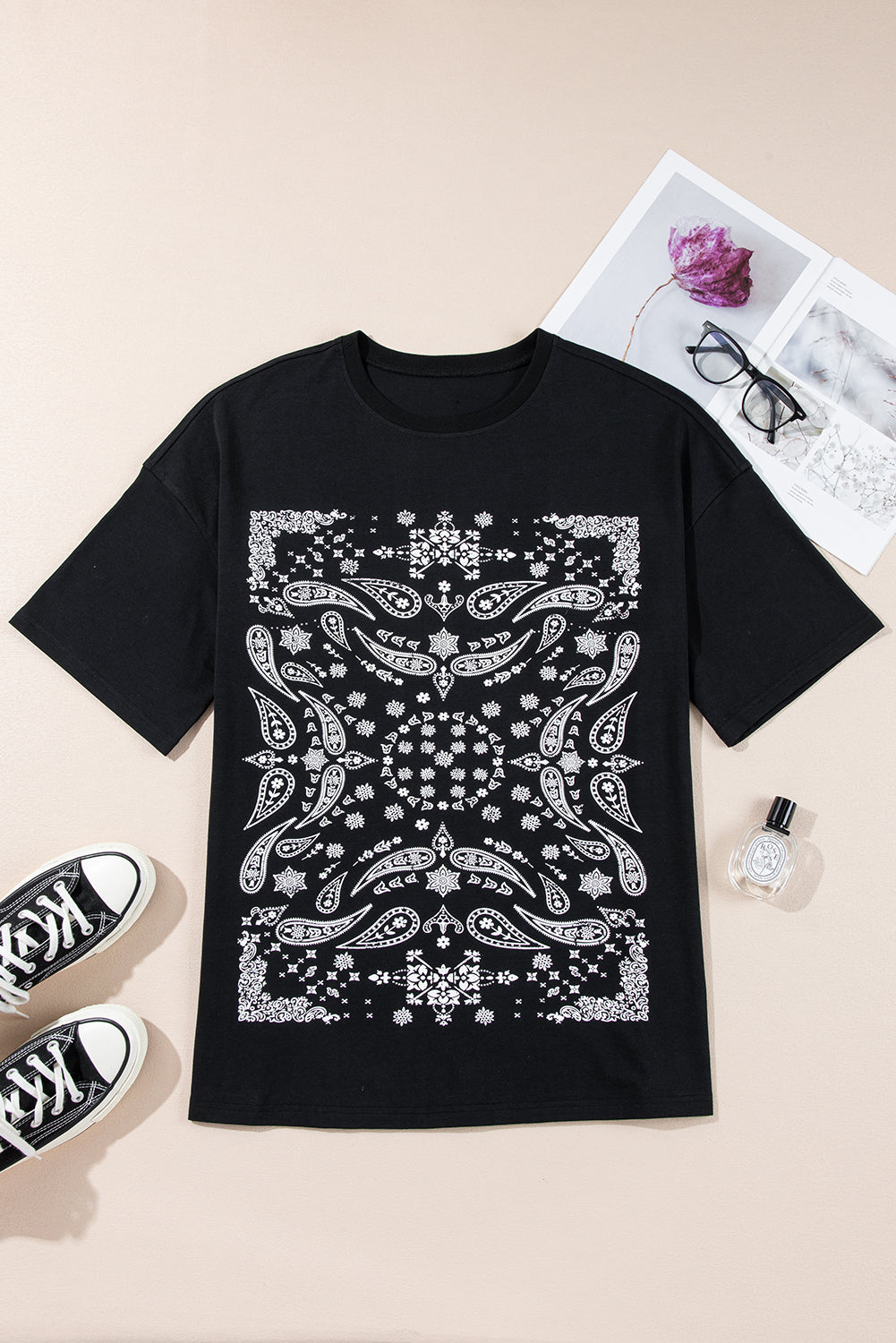 Black Paisley Print Crew Neck Loose Fit Tunic Tee eAura