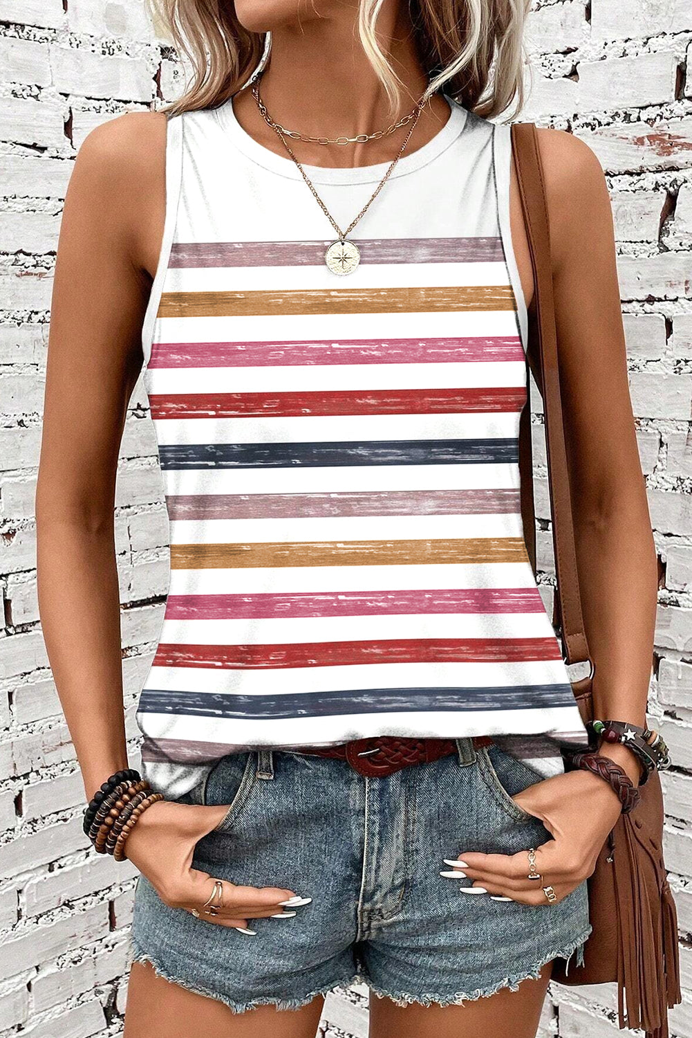 Red Stripe Rainbow Round Neck Tank Top - eAura