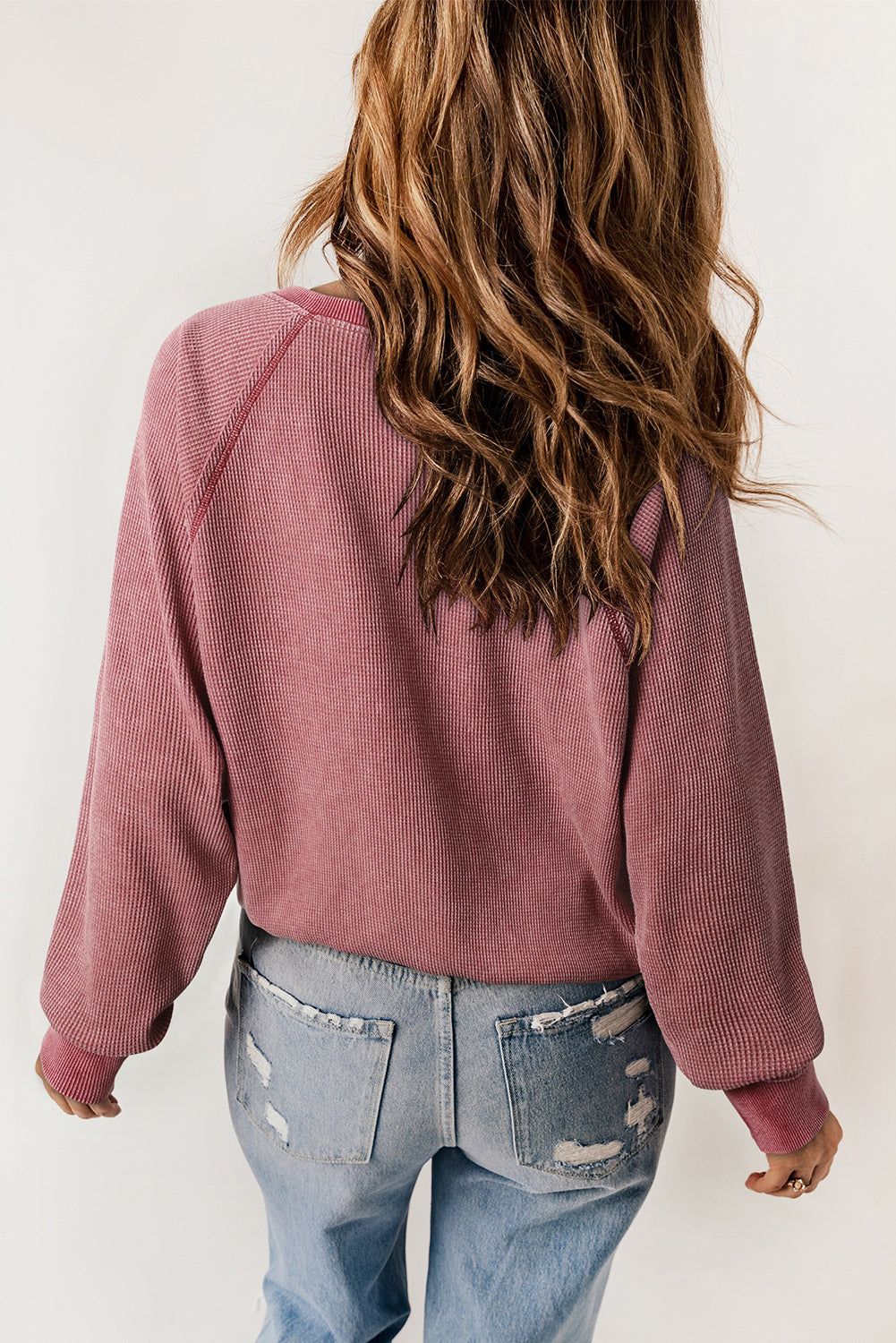 Fiery Red Waffle Knit Raglan Sleeve Henley Sweatshirt eAura