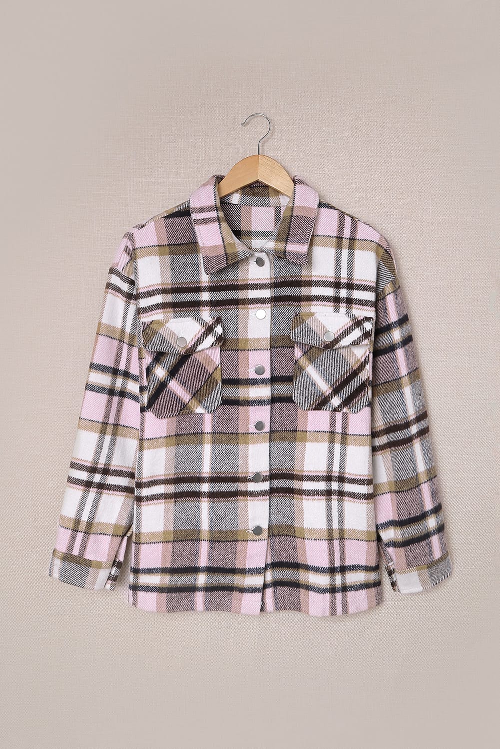 Pink Geometric Plaid Print Pocketed Shacket Beagle Boutique Fashion Outlet