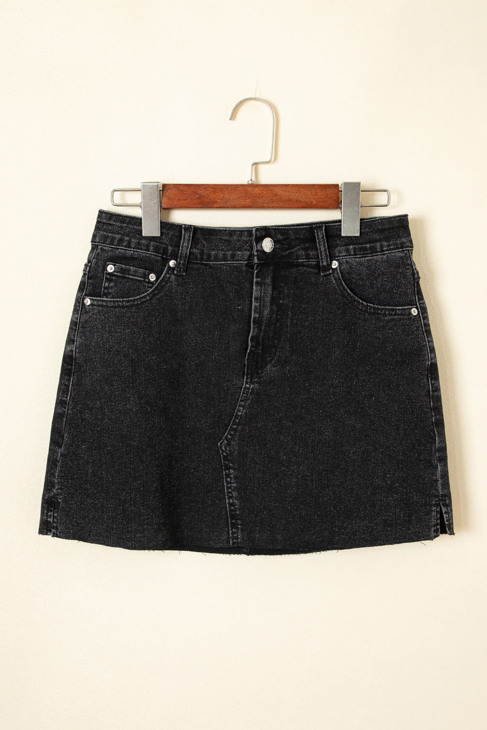 Carbon Grey Mineral Wash Ripped Raw Hem Denim Mini Skirt BB Fashion Outlet