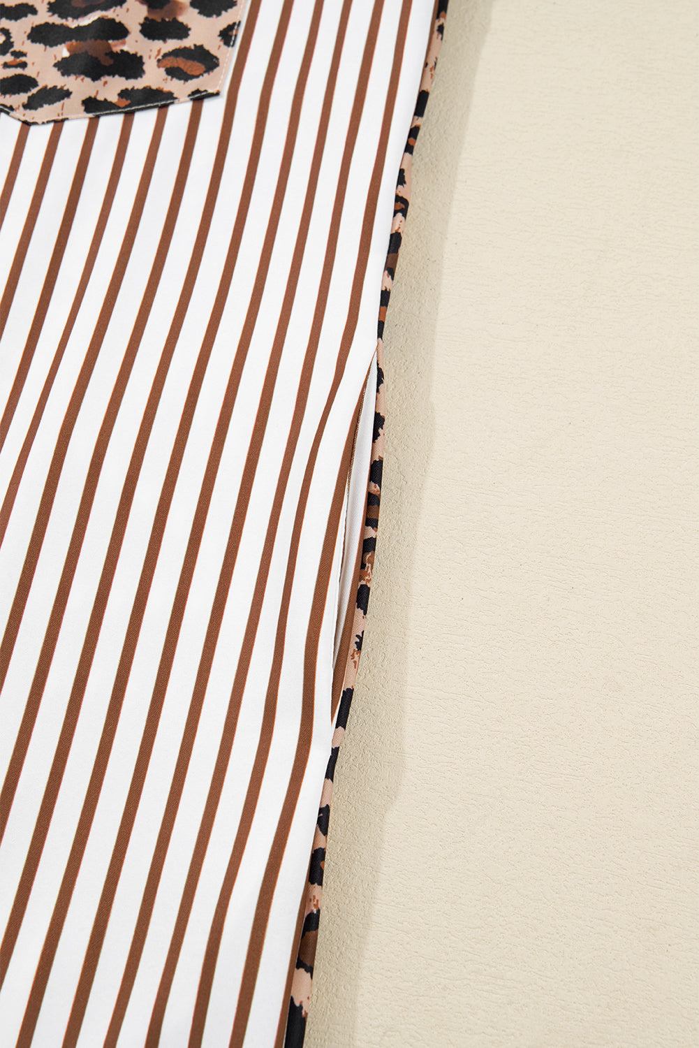 Stripe Contrast Leopard Patchwork Long Shirt Dress with Slits - eAura