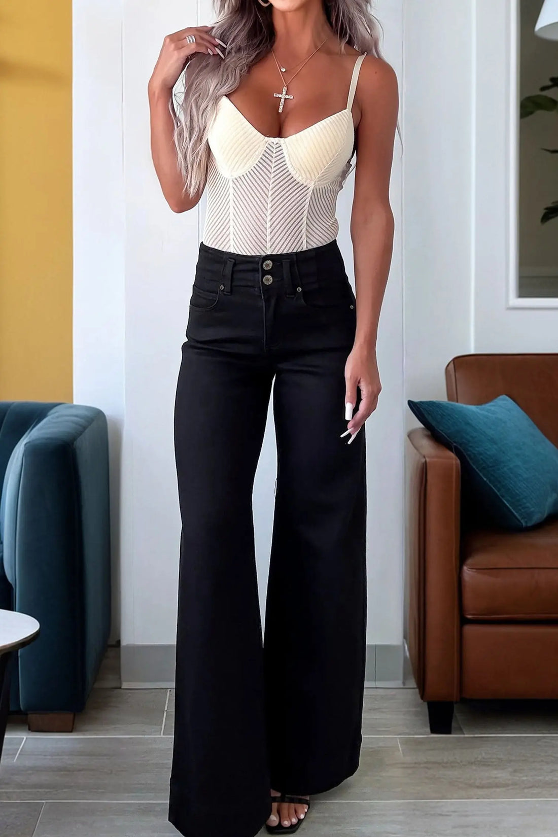 Double Button High Waist Flared Bottom Jeans - Bottoms/Jeans/Flared&Bootcut