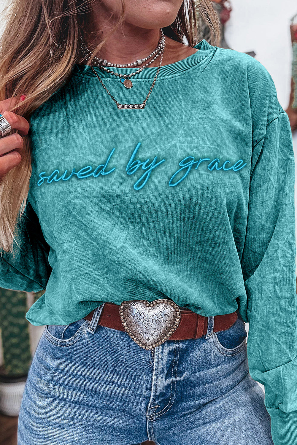 'Saved By Grace' Embroidered Mineral Wash Sweatshirt