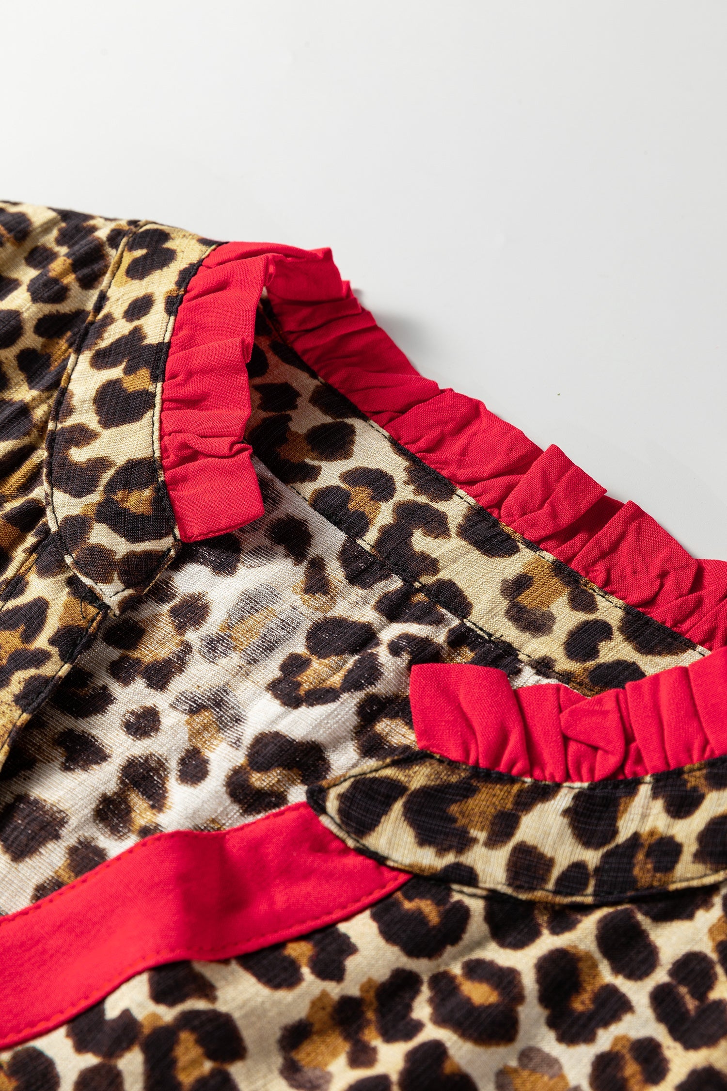 Leopard Allure Contrast Ruffle Trim V-Neck Shirt - eAura