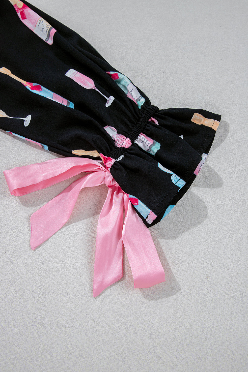 Christmas Wine Glass Print Bow Knot Two Piece Pajama Set – Color Black