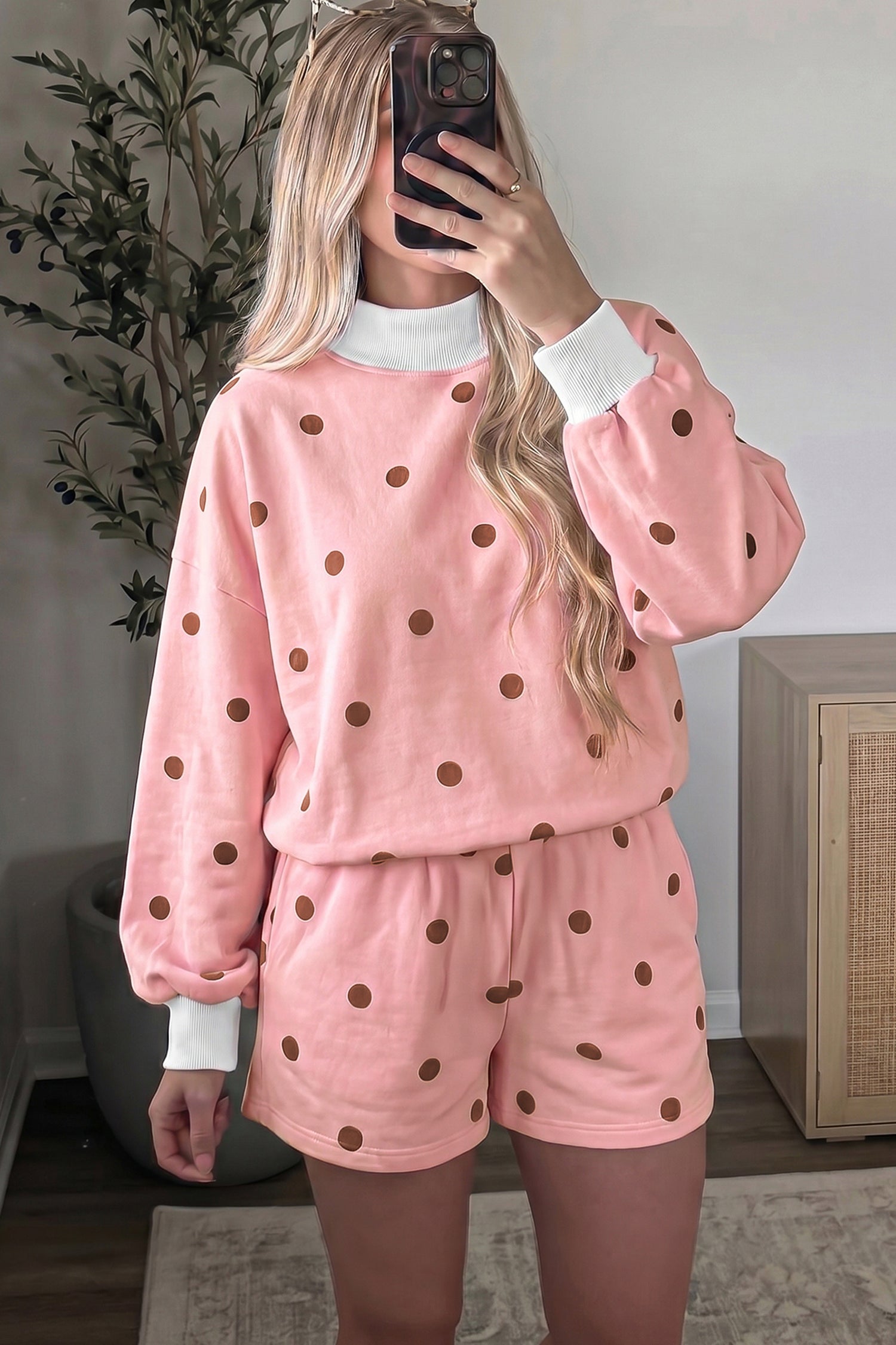 Polka Dot Ribbed Trim Long Sleeve Top Casual Short Set – Brown