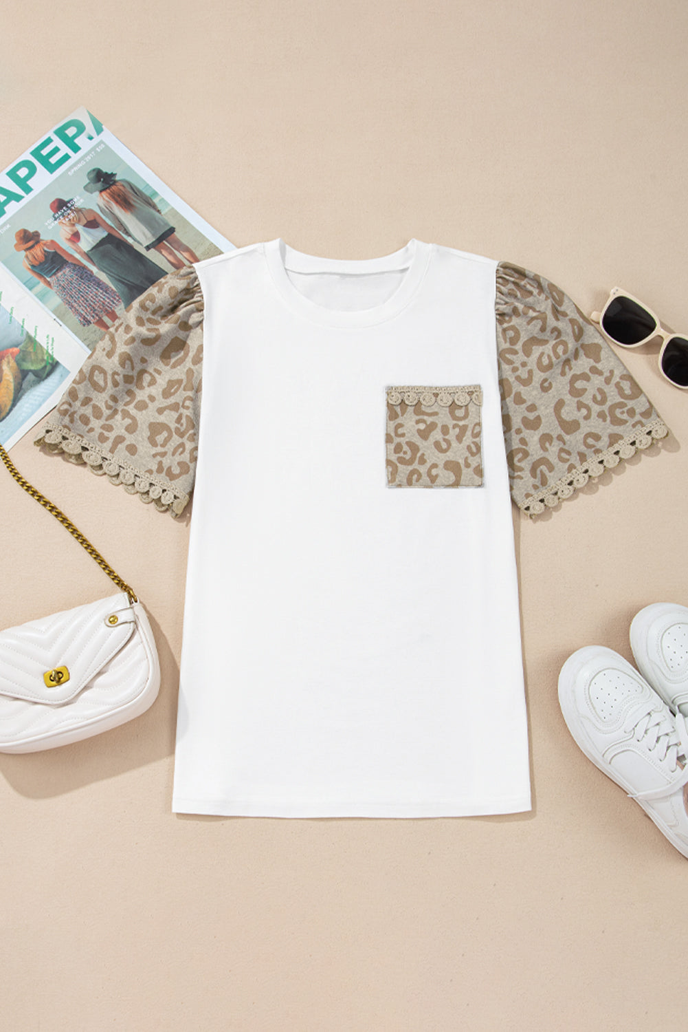 White Leopard Patchwork Crochet Lace Trim Puff Sleeve T Shirt eAura