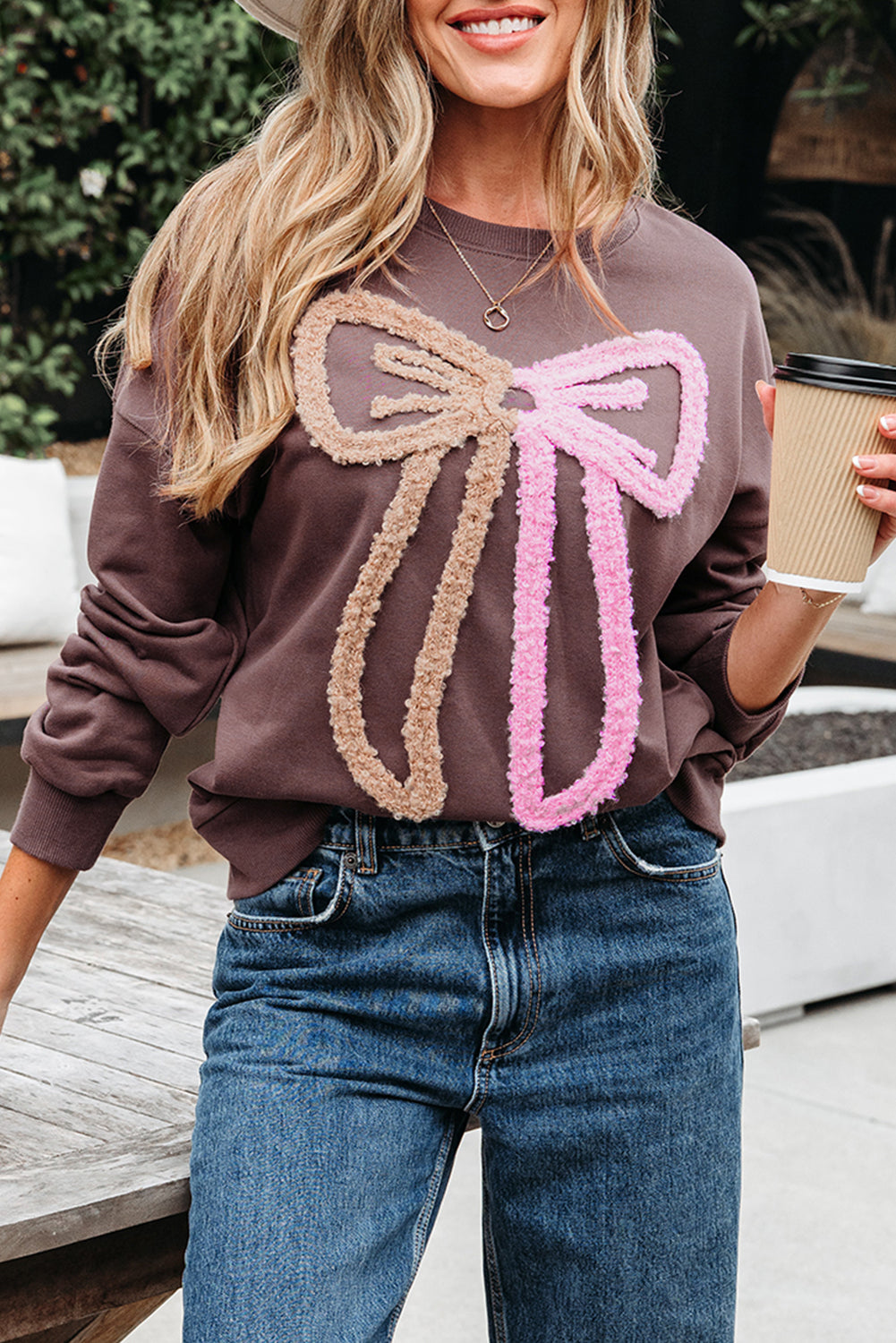 Contrast Terry Bow Pattern Drop Shoulder Sweatshirt - eAura