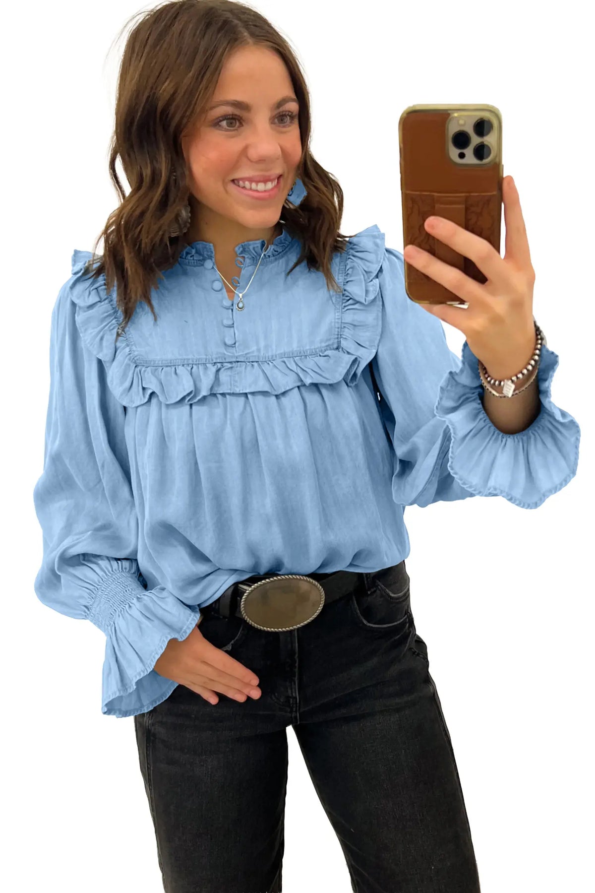 Beau Western Ruffle V Neck Long Sleeve Chambray Blouse – Blue