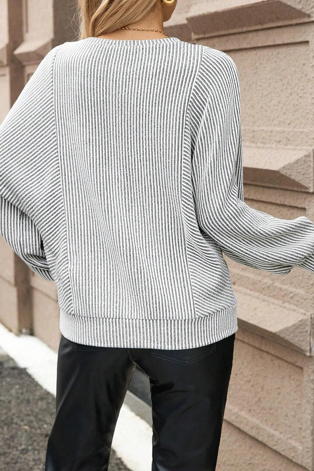 Grey Ribbed Round Neck Long Lantern Sleeve Top - eAura
