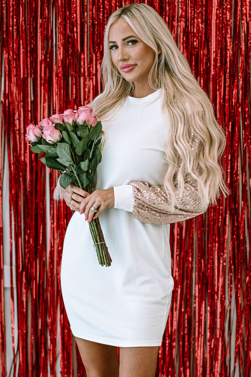 White Sequin Puff Sleeve Shift Mini Dress eAura