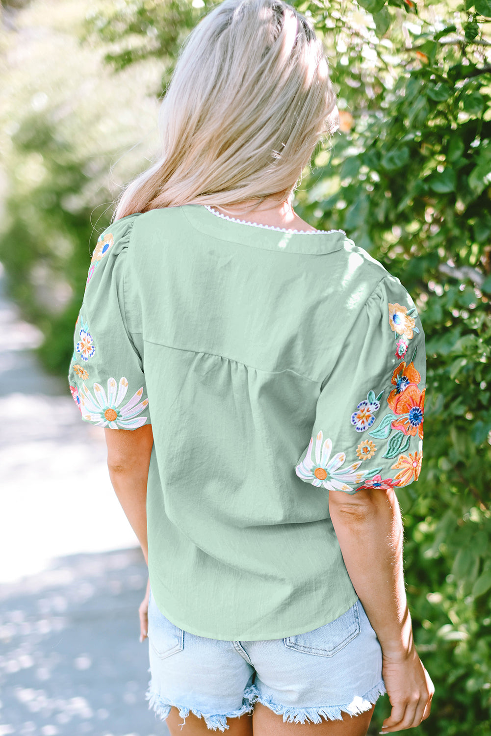 Floral Embroidered Puff Sleeve Split Neck Blouse eAura