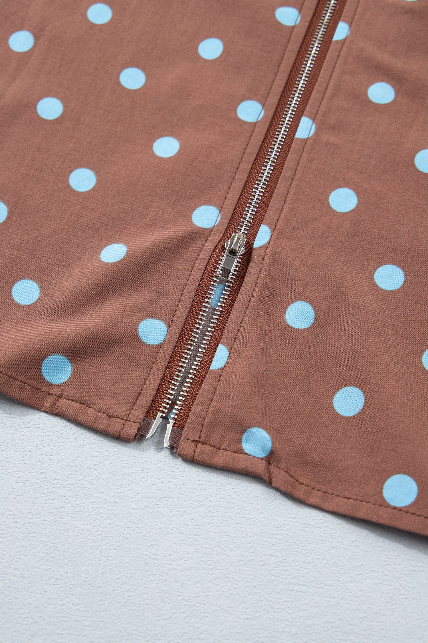 Polka Dot Print Contrast Trim V-Neck Zip Up Sleeveless Dress