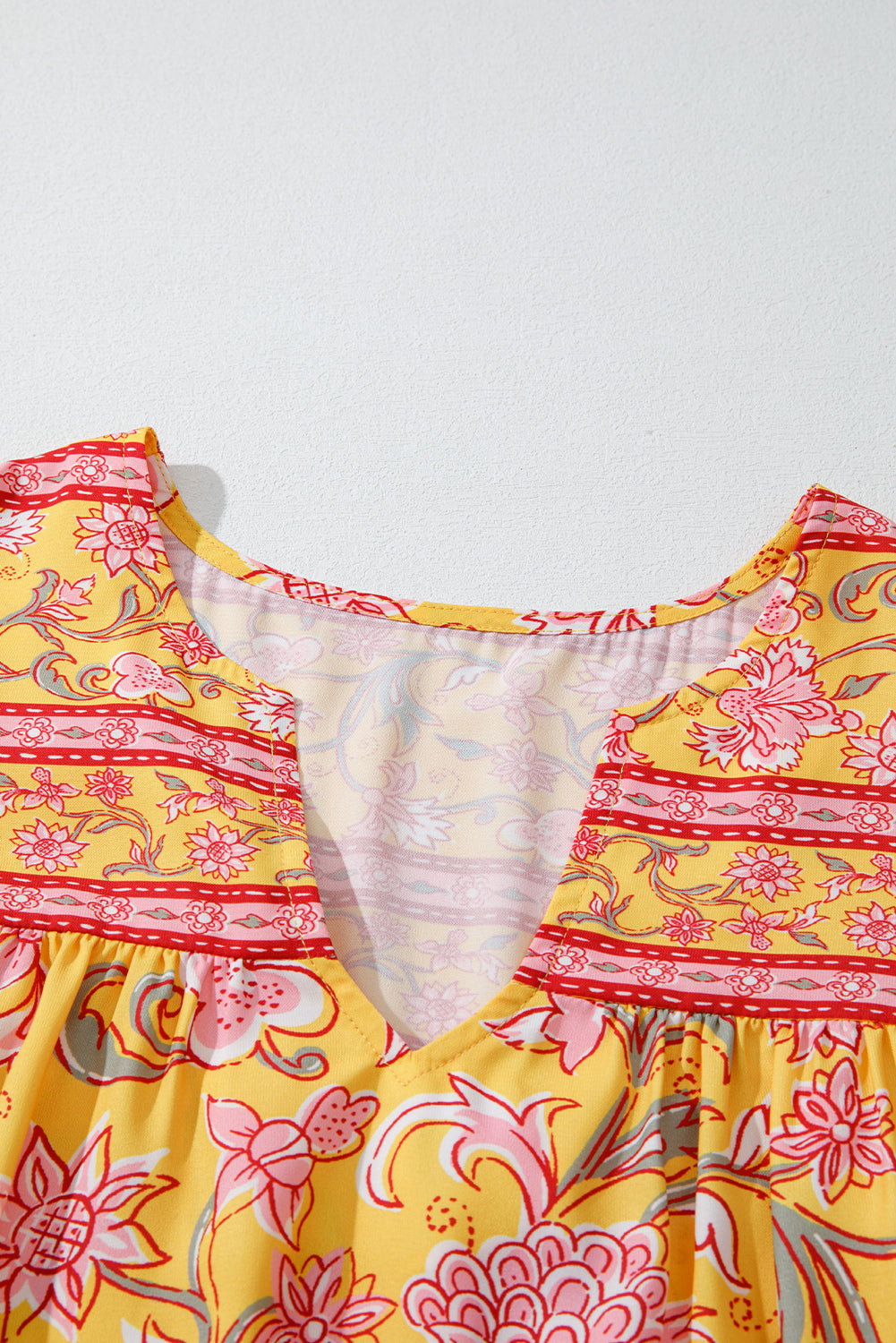Yellow Floral Notched Neck Ruffled Sleeve Casual Blouse eAura