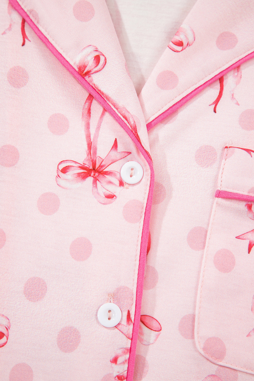 Pink Bow Print Contrast Pipping Short Pyjamas Set eAura